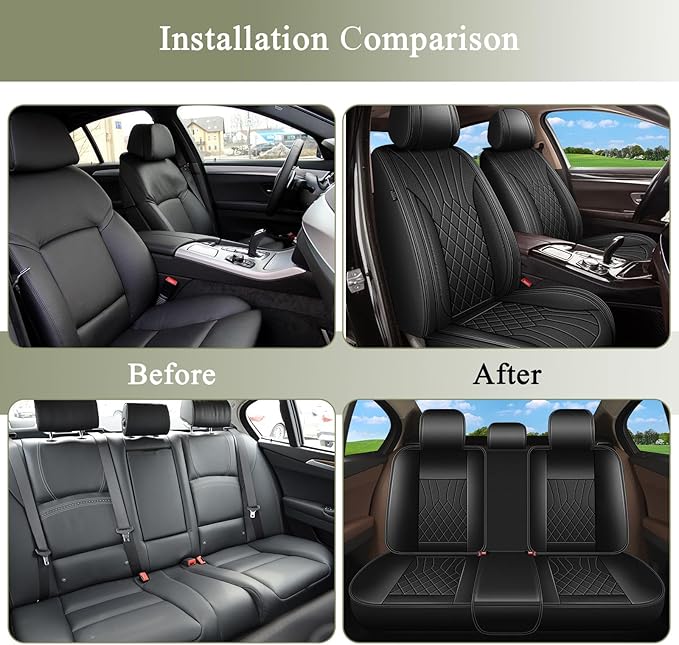 Full Set Car Seat Covers for Honda Pilot 2005-2016: Breathable Perforated Leather Seat Cover (Black)