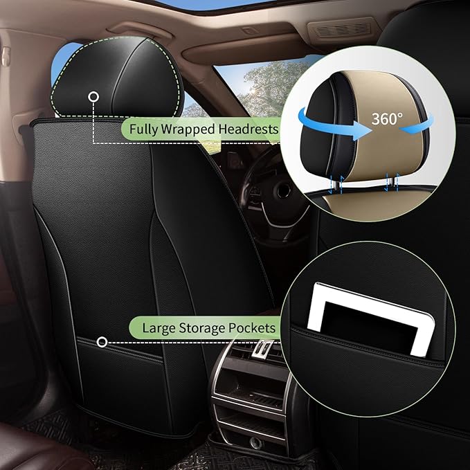 Car Seat Covers Front Seats for Honda Civic 2003-2015 & 2020-2026: Breathable Cooling Ice Silk Leather Seat Covers, 2 Seats Vehicle Seat Protector Auto Accessories (Black&Beige)