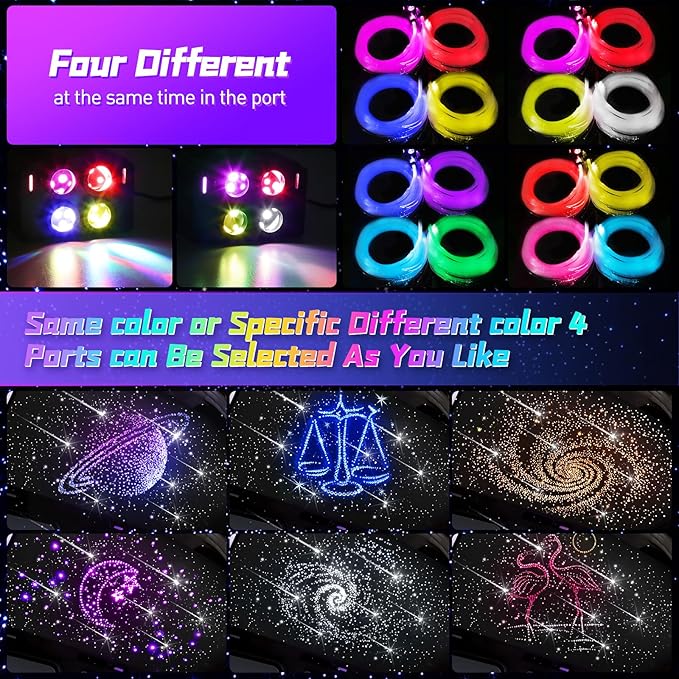 Car Starlight Headliner Kit, 4 Colors 32W Twinkle & Meteor Star Ceiling Lights, 2 in 1 Fiber Optic Light 4 Port Engine 700pcs*0.03in*13.1ft+240 RGBW Shooting Stars Lights for Car Home Roof Décor
