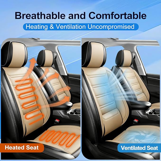 Fit Cruze Car Seat Covers for Select Chevrolet/Chevy Cruze 2011-2019, Premium Full Coverage Leather, Airbag Compatible, Waterproof All Weather Seat Cushion Protector, Front Pair Black+Beige