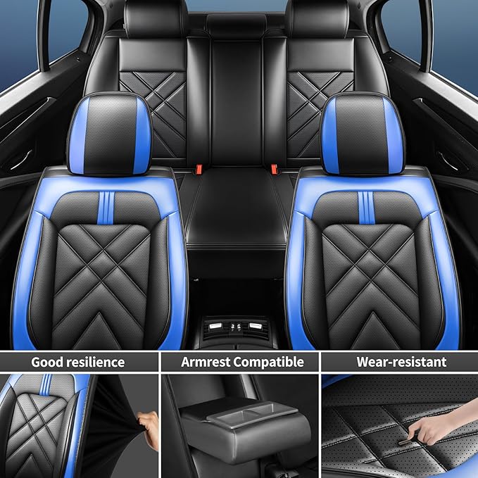 CX-50 Car Seat Covers Fit for Mazda CX-50 2023-2026, Full Coverage Premium Leather Waterproof Breathable Seat Covers, Automotive Seat Protectors, Airbag Compatible(Full Set Seats, Black-Blue)