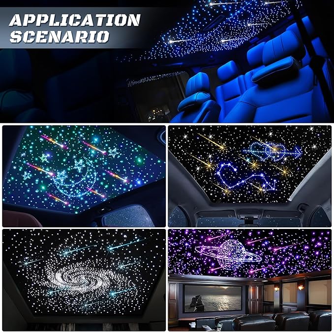 Split Car Starlight Headliner Kit, 4 Colors 12W Meteor Fiber Optic Starlight Kit, 600pcs*0.02in*9.8ft+240 RGBW Sound Activate Shooting Star Lights for Ceiling Car Roof/Home Decor