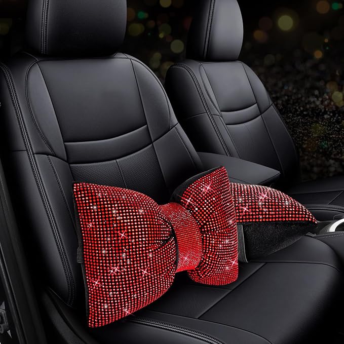 4 PCS Bling Car Pillows,Rhinestones Bowknot Car Headrest Pillow,Car Neck Pillow for Driver Relax Necksupport,Sleeping Travel Support Neck Pillow,Shiny Diamond Interior Accessories for Women,Red