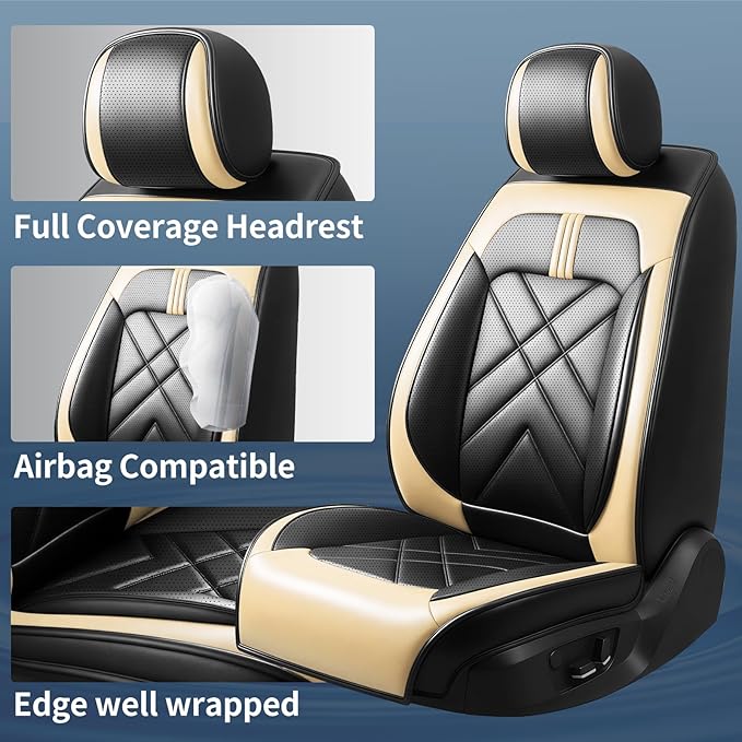 CX-50 Car Seat Covers Fit for Mazda CX-50 2023-2026, Full Coverage Premium Leather Waterproof Breathable Seat Covers, Automotive Seat Protectors, Airbag Compatible(2 Front Seats, Black Beige)