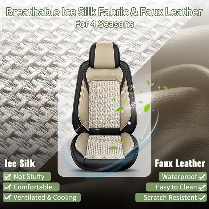 Car Seat Covers Full Set for Subaru Crosstrek 2016-2024 2025 2026, Breathable Cooling Ice Silk Leather Car Seat Cover, 5 Seats for Subaru Crosstrek Accessories (Black&Beige)