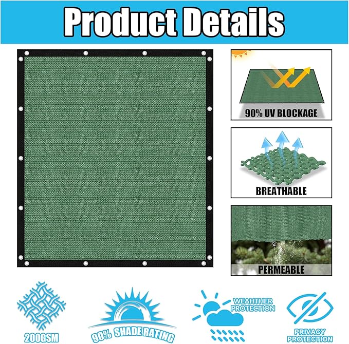 Amagenix 90% Pergola Shade Cover 10' X 16' Sun Shade Cloth with Grommets for Outdoor Garden Patio Porch, Commercial Grade 200 GSM - Cable Zip Ties Included (We Customized) GN108, Green