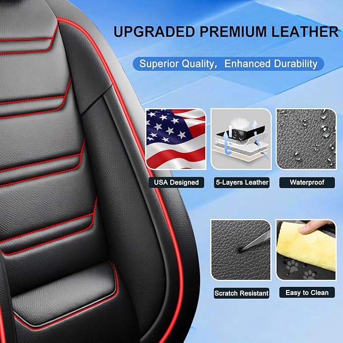 Fit CX-30 Car Seat Covers for Select Mazda CX30 2020-2025 - Premium Full Coverage Leather, Airbag Compatible, Luxury Waterproof All Weather Breathable Seat Protector, Full Set, Red Trim