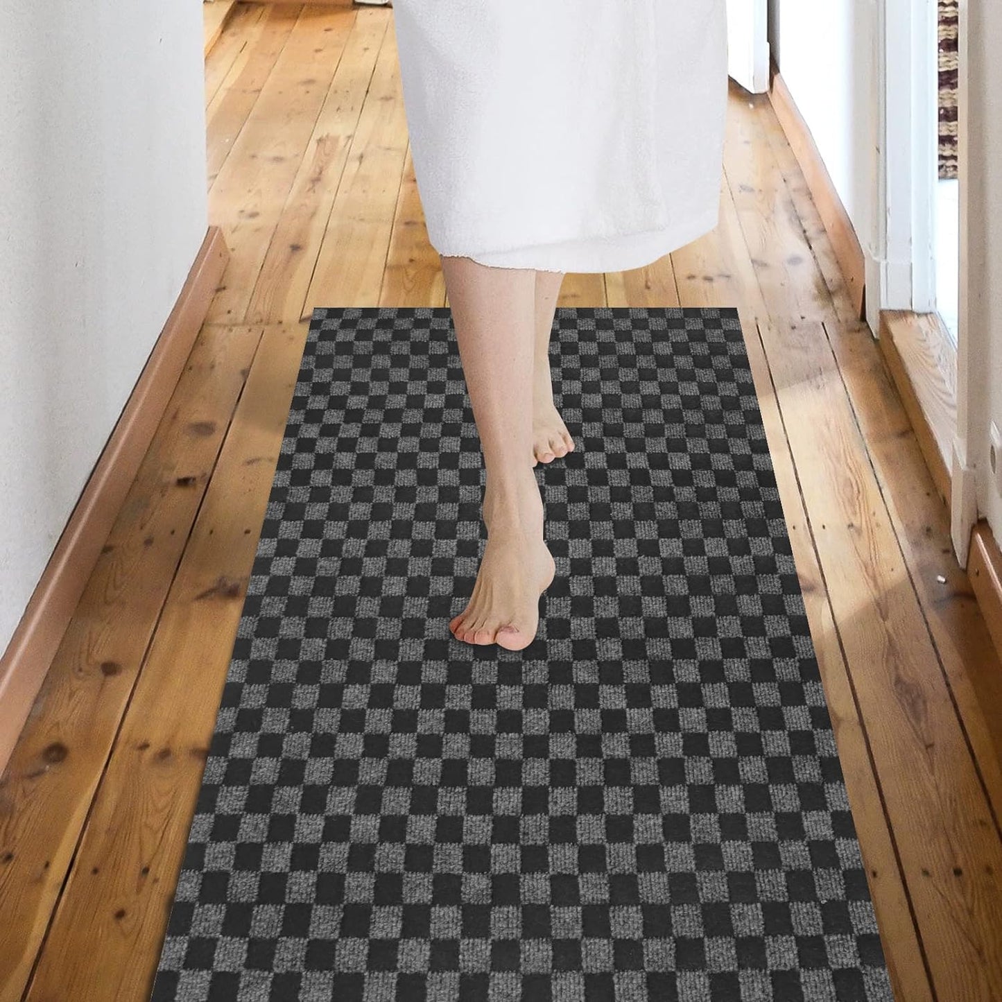 Custom Size Backed Non-Slip Area Rugs Runner, Easy Clean, Waterproof Runner Rugs for Hallway Entryway, Kitchen, Laundry, 4FT x 30FT, Gray Checkered