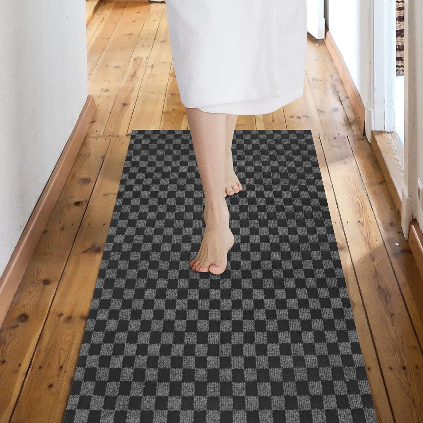 Custom Size Backed Non-Slip Area Rugs Runner, Easy Clean, Waterproof Runner Rugs for Hallway Entryway, Kitchen, Laundry, 2FT x 54FT, Gray Checkered