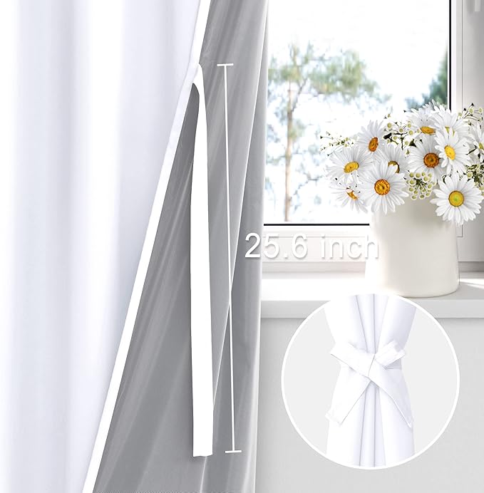 XWZO White 100% Blackout Curtains with Tiebacks- 2 Thick Layers Completely Shaded Window Treatment Thermal Insulated Drapes with Grommets for Bedroom/Laundry, White, W42 x L45, Set of 2 Panels