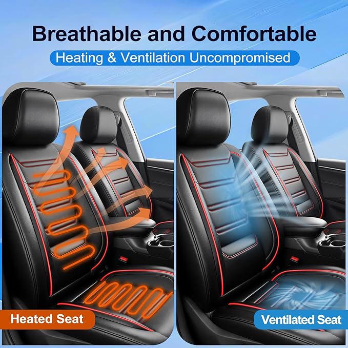 Fit Civic Car Seat Covers (2 Row 5 Seats) for Select Honda Civic 2020-2025 2026 Sedan(Not for Coupe) - Premium Full Coverage Leather, Waterproof All-Weather Breathable Seat Protector, Red Trim