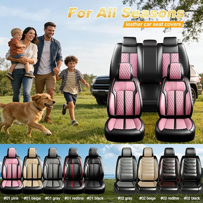 Fit Insight Car Seat Covers for Honda Insight 2010-2022 Premium Leather, Airbag Compatible, Scratch-Resistant, Waterproof All Weather Seat Protector, Airbag Compatible, Front Pair Black+Pink