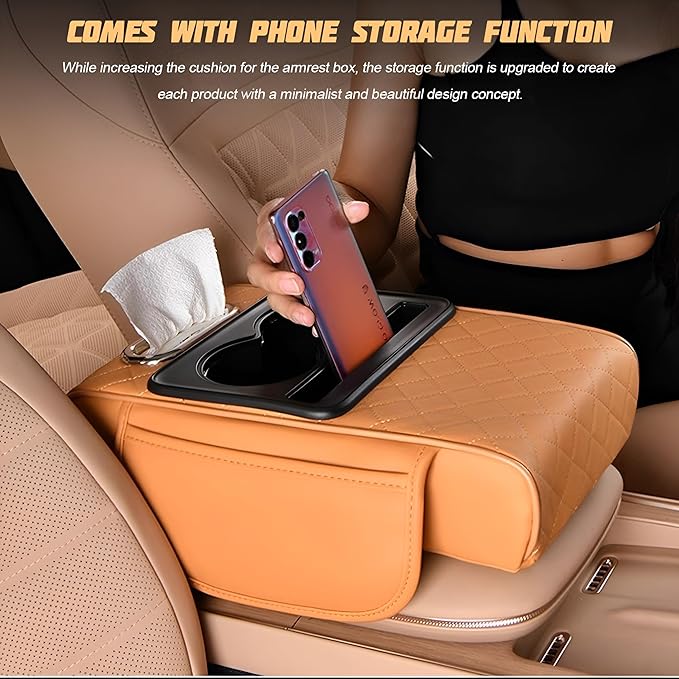 Zpana Car Center Console Armrest Pillow, Memory Foam Leather 4 in 1 Vehicle Arm Rest Cover with Tissue Box 2 Side Storage Bag Cup & Phone Holder, Auto Armrest Cushion, Universal Fit (Wine Red)