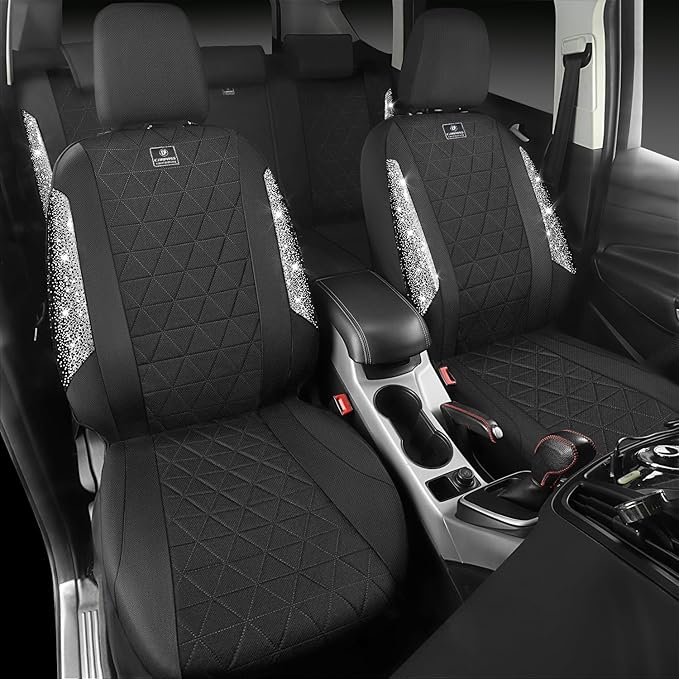 CAR PASS Oxford Bling Diamond Car Seat Covers Full Set Interior Sets, Waterproof Shining Glitter Sparkly Crystal Universal Armrest Fit 95% Automotive Truck SUV Cute Women Girl, Black Silver Rhinestone
