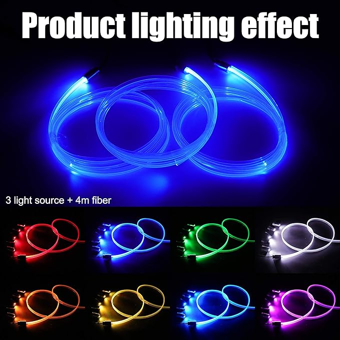 Car Atmosphere Light Kit 4m Fiber Optic RGB Multicolor Sound Active Music Sync Memory Function RF Remote Controller USB Car Interior Ambient Lighting Kit DC 12V