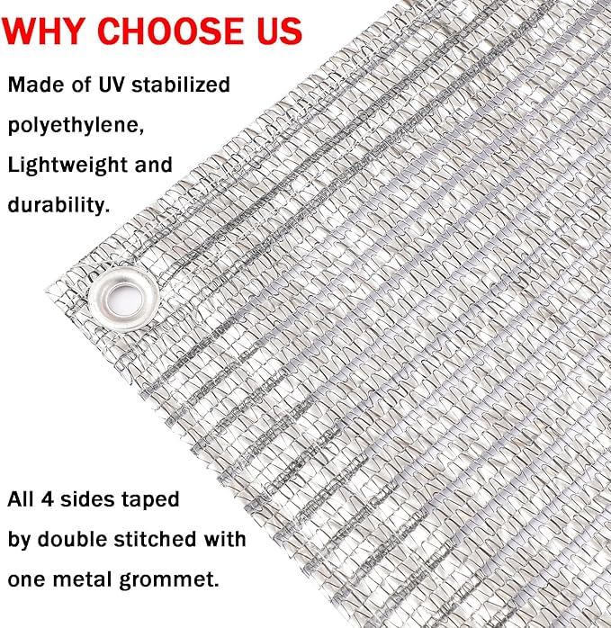 65% Aluminum Foil Shade Cloth with Grommets,8ft x 10ft, Mesh Sun Block Fabric Cover, Canopy, Privacy Screen for Outdoor Patio, Garden, Backyard, Silver