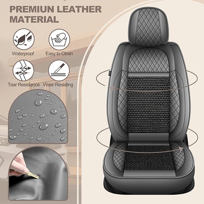 TTX LIGHTING for Ford Mustang 2007-2022 Car Seat Covers, Breathable Ice Silk & Leather Seat Protector, Cool & Anti-Sweat for Long Driving, Airbag Compatible, 2 Front Seats (Black&Gray)