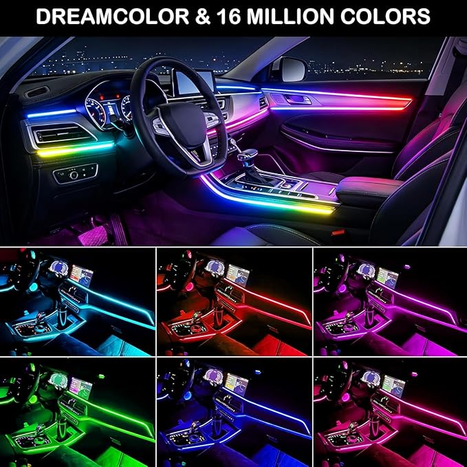 Interior Car LED Strip Lights,Acrylic LED Lights for Car with Dynamic Dreamcolor Chasing,235 inches 8 in 1 RGB Neon Strip Fiber Optic Ambient Lighting Kits with Remote APP, for Inside car Decorations