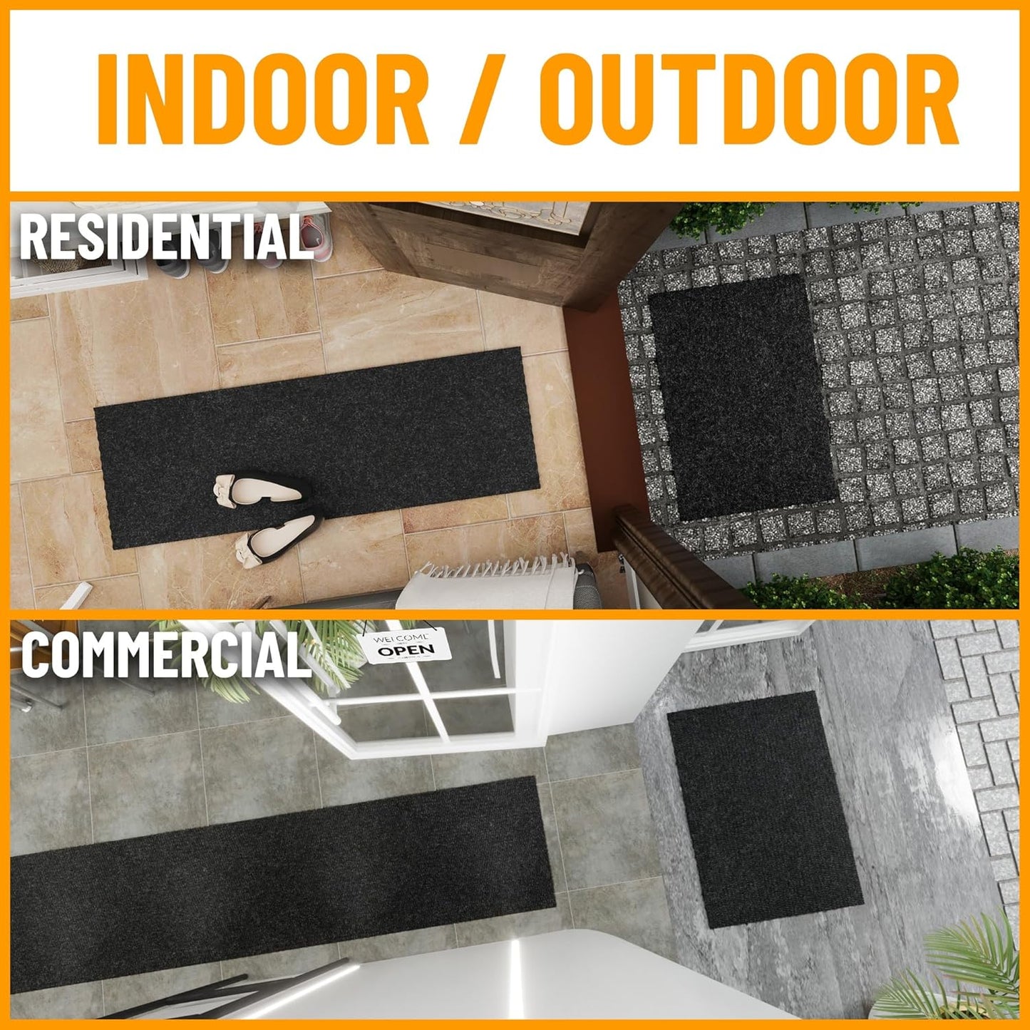 Ottomanson 2'7" x 55' Hallway Runner with Scraper Pile - Extra Durable Non-Slip Rug Mat for Indoor & Outdoor Use - Ideal for Kitchen, Entryway & Garage - High-Traffic Carpet, Black
