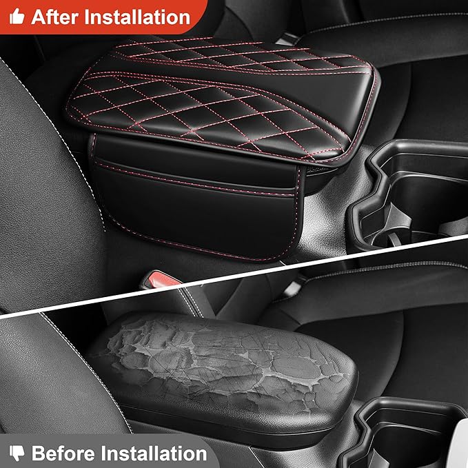 Center Console Cover Fit for Kia Sorento 2003-2025 with 2 Storage Bags Waterproof Leather Quilted Pattern Car Armrest Cover Cushion Anti - Slip(002#Black&Red Line)