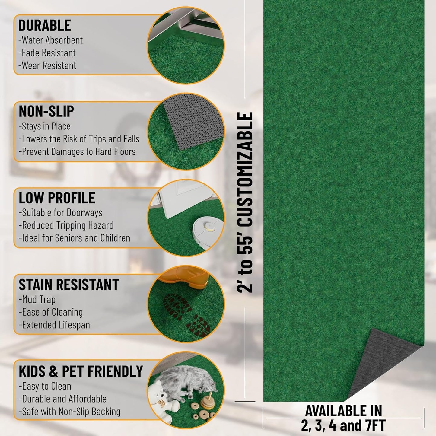 Ottomanson 2' x 21' Hallway Runner with Scraper Pile Extra Durable Non-Slip Rug Mat for Indoor & Outdoor Use - Ideal for Kitchen, Entryway, Patio & Garage - High-Traffic Carpet, Green