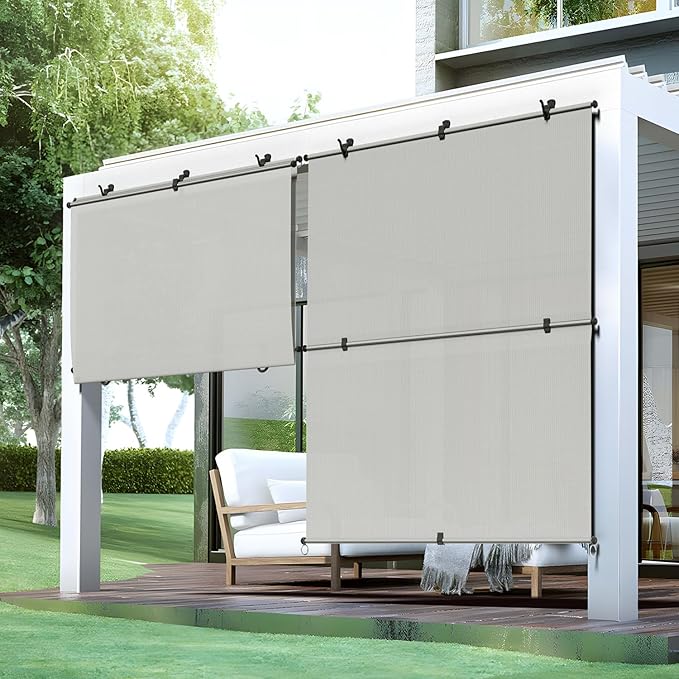Bynbbur 5'W x 15'H Outdoor Patio Shades Foldable Roller Blinds, 220 GSM Sun Shade Roll Up Porch Screens Exterior Shade Cloth for Deck Pergola Backyard, Light Gray