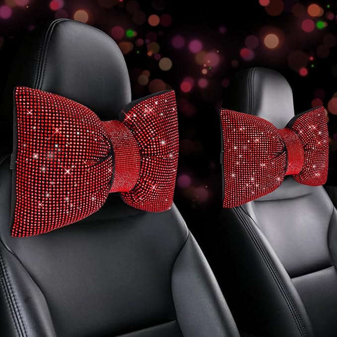 4 PCS Bling Car Pillows,Rhinestones Bowknot Car Headrest Pillow,Car Neck Pillow for Driver Relax Necksupport,Sleeping Travel Support Neck Pillow,Shiny Diamond Interior Accessories for Women,Red