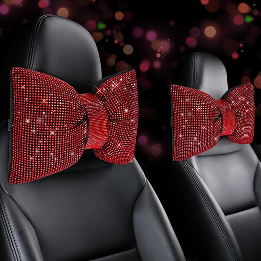 4 PCS Bling Car Pillows,Rhinestones Bowknot Car Headrest Pillow,Car Neck Pillow for Driver Relax Necksupport,Sleeping Travel Support Neck Pillow,Shiny Diamond Interior Accessories for Women,Red