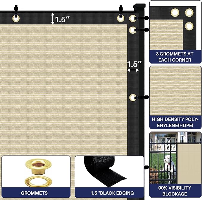 Windscreen4less Privacy Fence Screen Heavy Duty Windscreen Fencing Mesh Fabric Shade Net Cover with Brass Grommtes for Outdoor Wall Garden Yard Pool Deck, 8'x123' Beige