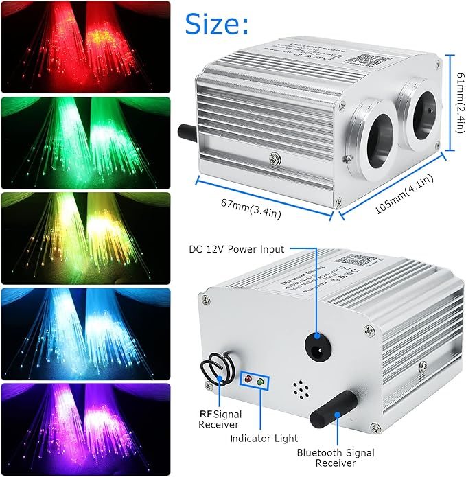 AZIMOM Dual Port 16W Twinkle Bluetooth Fiber Optic Starlight Kit 1100pcs*0.03in*13.1ft Meteor Shooting Star Fibers Strands Sound Activated RGBW APP/Remote for Car Home Starlight Headliner Decor
