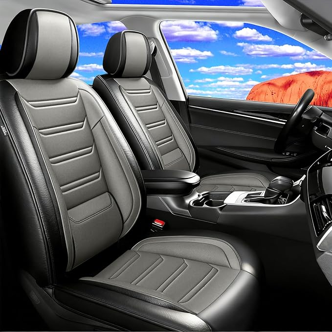 Fit Blazer Car Seat Covers for Select Chevrolet/Chevy Blazer 2019-2026, Premium Full Coverage Leather, Airbag Compatible, Waterproof All Weather Seat Cushion Protector, Full Set, Black+Gray