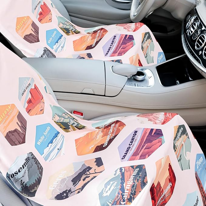 2 Pack Car Seat Towel Covers with Storage Bag 63 x 32 Inch Athletic Running Towel Seat Sweat Washable Non Slip Cover Gift for Car Outdoor Sport Activities (Multi National Parks)