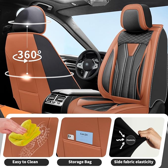 Fit Leaf Car Seat Covers Compatible with Nissan Leaf 2012-2025 2026 - Premium Leather， Waterproof Breathable， All-Weather Seat Cushion Protecto&Airbag Compatible (2 Front Seat Brown&Black)