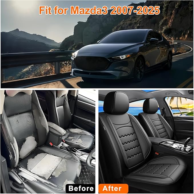 Car Seat Covers Custom Fit for Mazda 3 2007-2026, Premium Leather, Full Coverage Leather Waterproof Breathable Seat Covers, Automotive Seat Protectors, Airbag Compatible(Full Set Seats, Black)