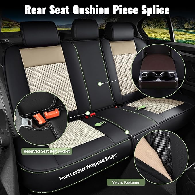 Car Seat Covers Full Set for Hyundai Santa Fe 2007-2024 2025 2026 - Breathable Cooling Ice Silk Leather Seat Cover - 5 Seats Vehicle Seat Cushion (Black&Beige)