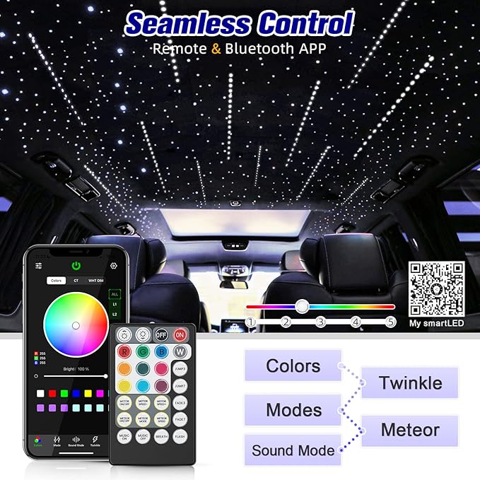 12W Twinkle&Meteor 2 in 1 RGBW Starlight Headliner Kit, 550pcs*0.03in*9.8ft+96pcs Shooting Star Lights for Car/Home Ceiling, Fiber Optic Lights with Bluetooth APP/Remote Control/Music Effect