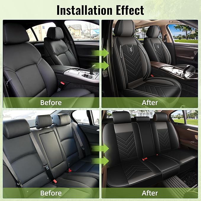 AOMSAZTO Car Seat Covers Full Set Fit for Nissan Juke 2011-2017 Waterproof Faux Leather Car Seat Cushions Automotive 5 Seat Covers Set（Black&Grey）