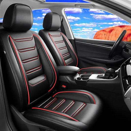 Fit RAV4 Car Seat Covers for Select Toyota RAV 4 2013-2026 /RAV4 Hybrid - Premium Full Coverage Leather, Waterproof & All Weather Seat Cushion Protector, Full Set, Black with Red Trim