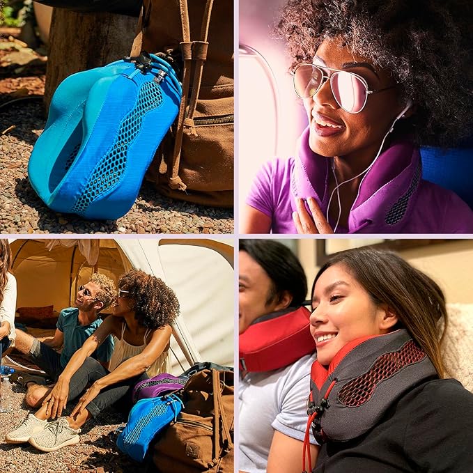 Evolution Cool Travel Neck Pillow by Cabeau - Cooling Airflow Vents, Memory Foam Neck Support, and Adjustable Clasp - Comfort On-The-Go with Carrying Case - Airplane, Train, Car, and Gaming (Blue)
