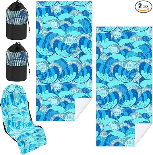 2 Pack Car Seat Towel Covers with Storage Bag 63 x 32 Inch Athletic Running Towel Seat Sweat Washable Non Slip Cover Gift for Car Outdoor Sport Activities (Waves)