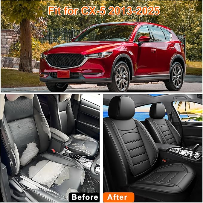 CX-5 Car Seat Covers Custom Fit for Mazda CX-5 2013-2025 2026, Full Coverage Leather Waterproof Breathable Seat Covers, Automotive Seat Protectors, Airbag Compatible(Full Set Seats, Black)