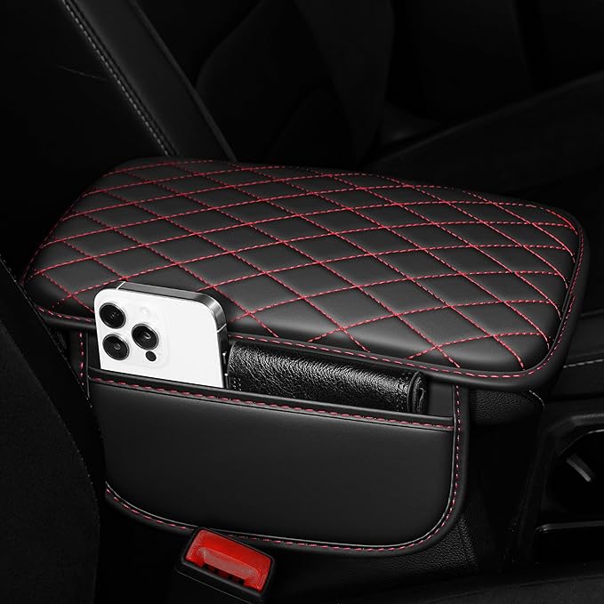 Center Console Cover for Cars Fit for Jeep Gladiator Leather Armrest Covers with 2 Storage Bags(Black&Red)