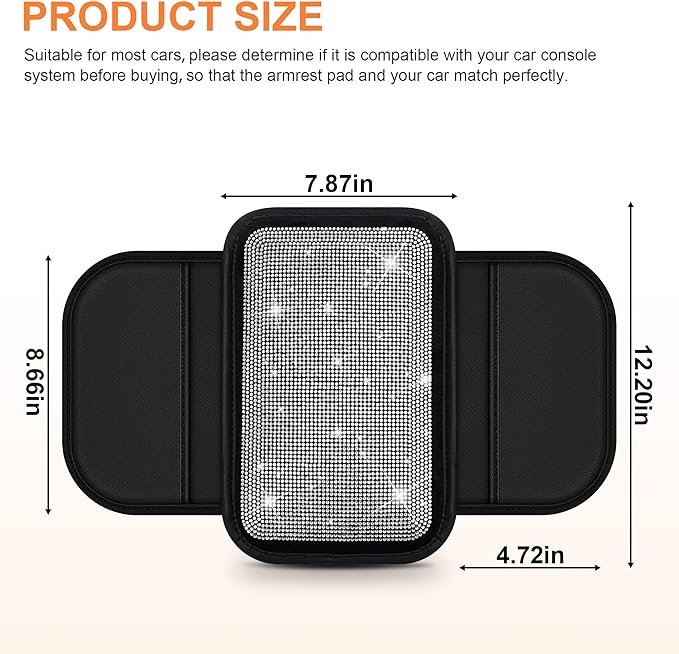 Bling Car Center Console Cover Custom Fit for Jeep Grand Cherokee - Leather Armrest Cover with 2 Storage Pockets and Crystal Rhinestones(Black)