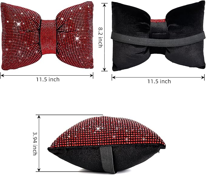 2 PCS Bling Car Pillows,Rhinestones Bowknot Car Headrest Pillow,Car Neck Pillow for Driver Relax Necksupport,Sleeping Travel Support Neck Pillow,Shiny Diamond Interior Accessories for Women,Red