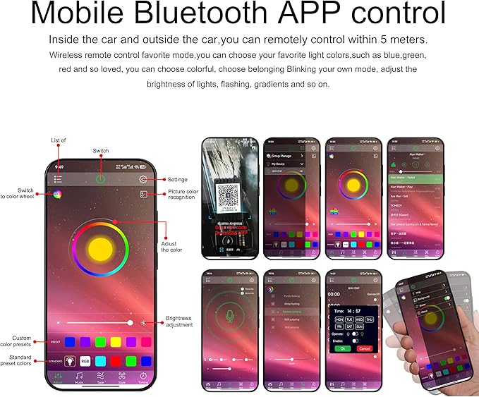 3 Meters Optic Fiber Car Ambient Lighting with Bluetooth App Control 64 Colors Multicoloured Music Interior Lighting Kit DC 12V 1W