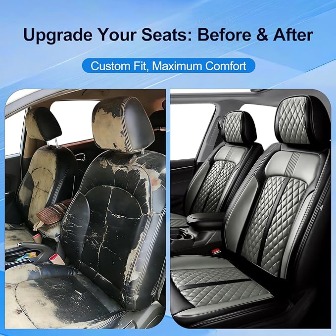 Fit Prologue Car Seat Covers for Select Honda Prologue 2024-2026 - Premium Full Coverage Leather, Airbag Compatible, Waterproof & All Weather Seat Cushion Protector, Front Pair Black+Gray
