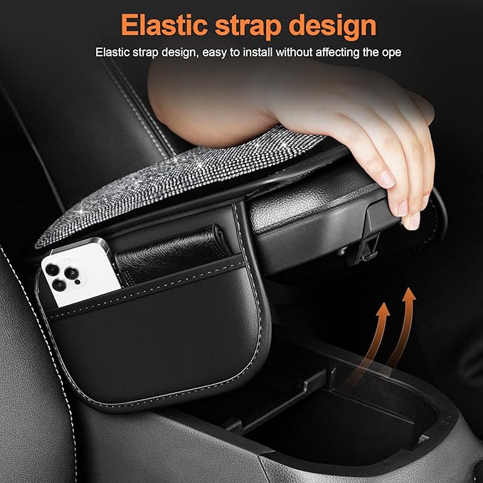 Bling Car Center Console Cover Custom Fit for Jeep Grand Cherokee - Leather Armrest Cover with 2 Storage Pockets and Crystal Rhinestones(Black)