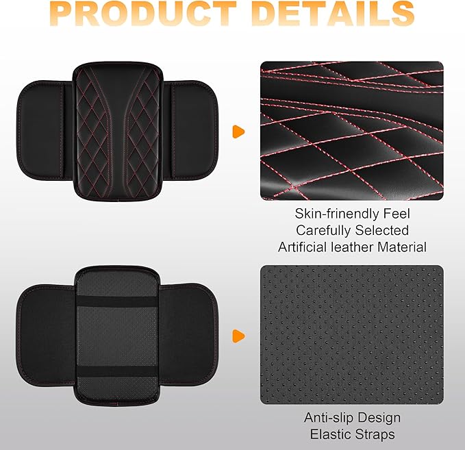 Car Center Console Cover Fit for Jeep Cherokee Compass Gladiator Liberty Patriot Renegade Wrangler - Leather Armrest Covers with 2 Storage Pockets(Black&Red)