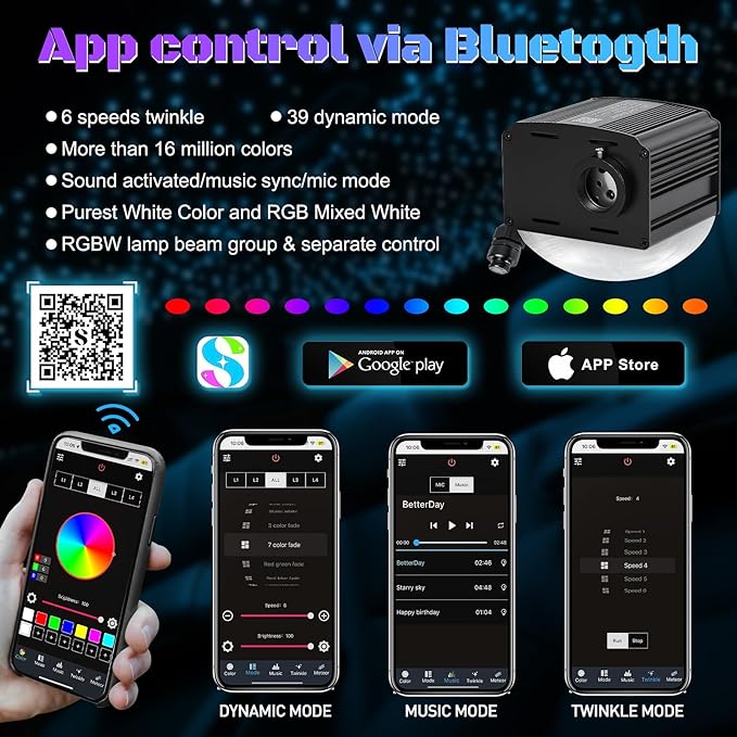 Car Starlight Headliner Kit, Twinkle & Sound Activated RGBW 16W 500pcs*0.02in*9.8ft Fiber Optic Starlight Kit with APP& Remote Controlled, Star Lights for Ceiling Car Roof/Home Theater