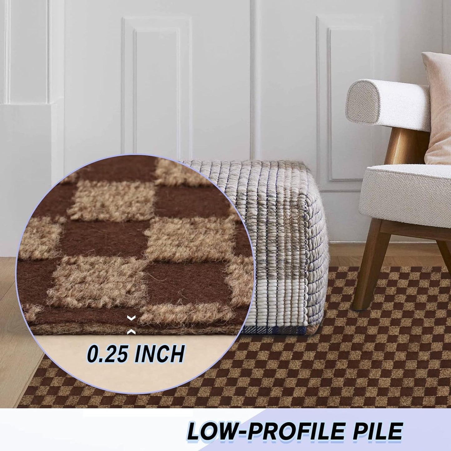 Custom Size Backed Non-Slip Area Rugs Runner, Easy Clean, Waterproof Runner Rugs for Hallway Entryway, Kitchen, Laundry, 3FT x 50FT, Brown Checkered